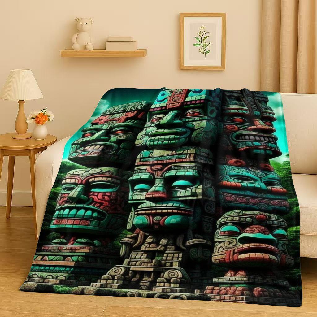 Retro Aztec Totem Maya Mask Sun God Flannel Blanket,Ultra Soft Warm Plush Throw for Home Bedroom Bed Sofa Cover Office Gift Kids