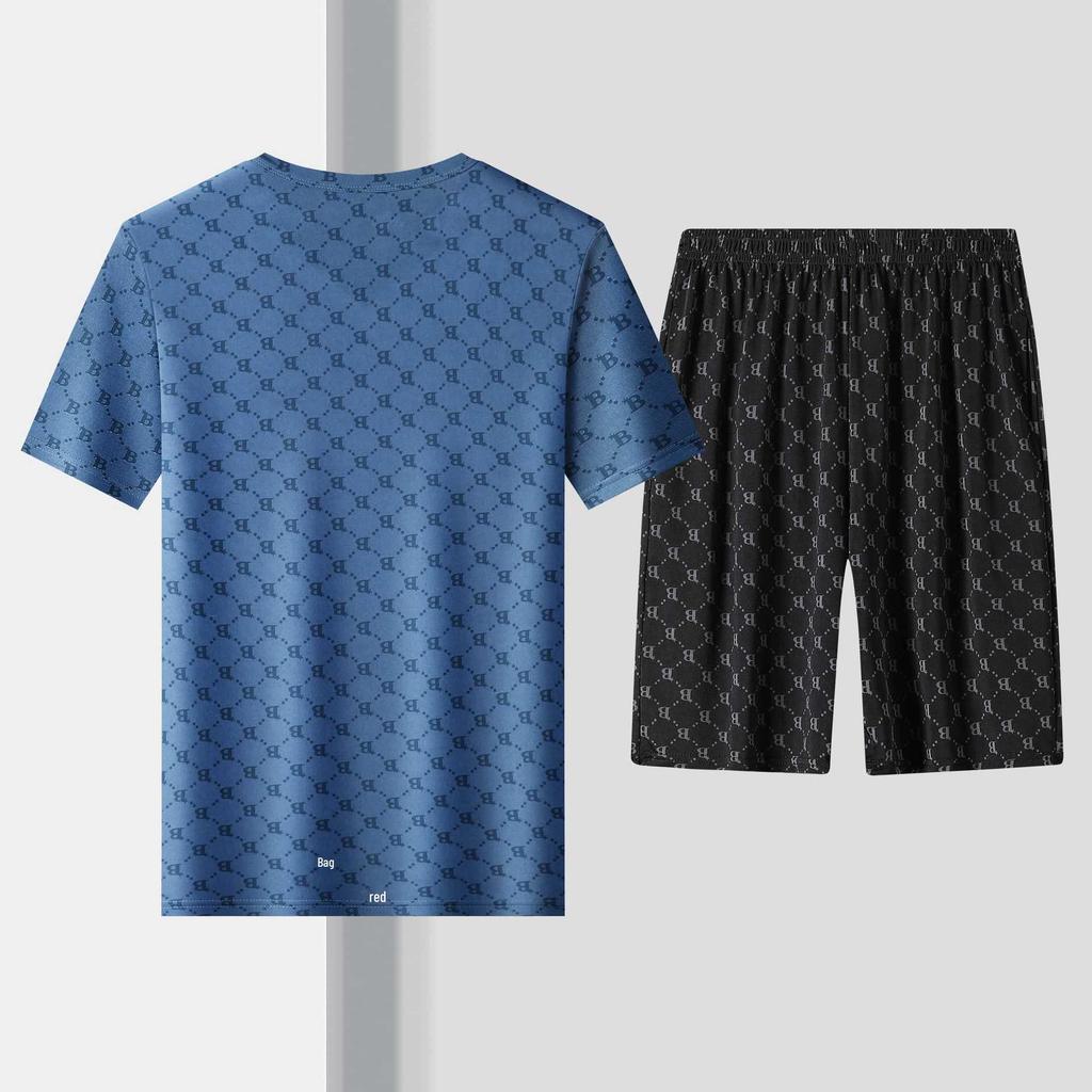 Herren Sommer Eis Seide Buchstaben B Print T-Shirt und Shorts Set - Leicht, Weich, Bequem, Kurzarm.