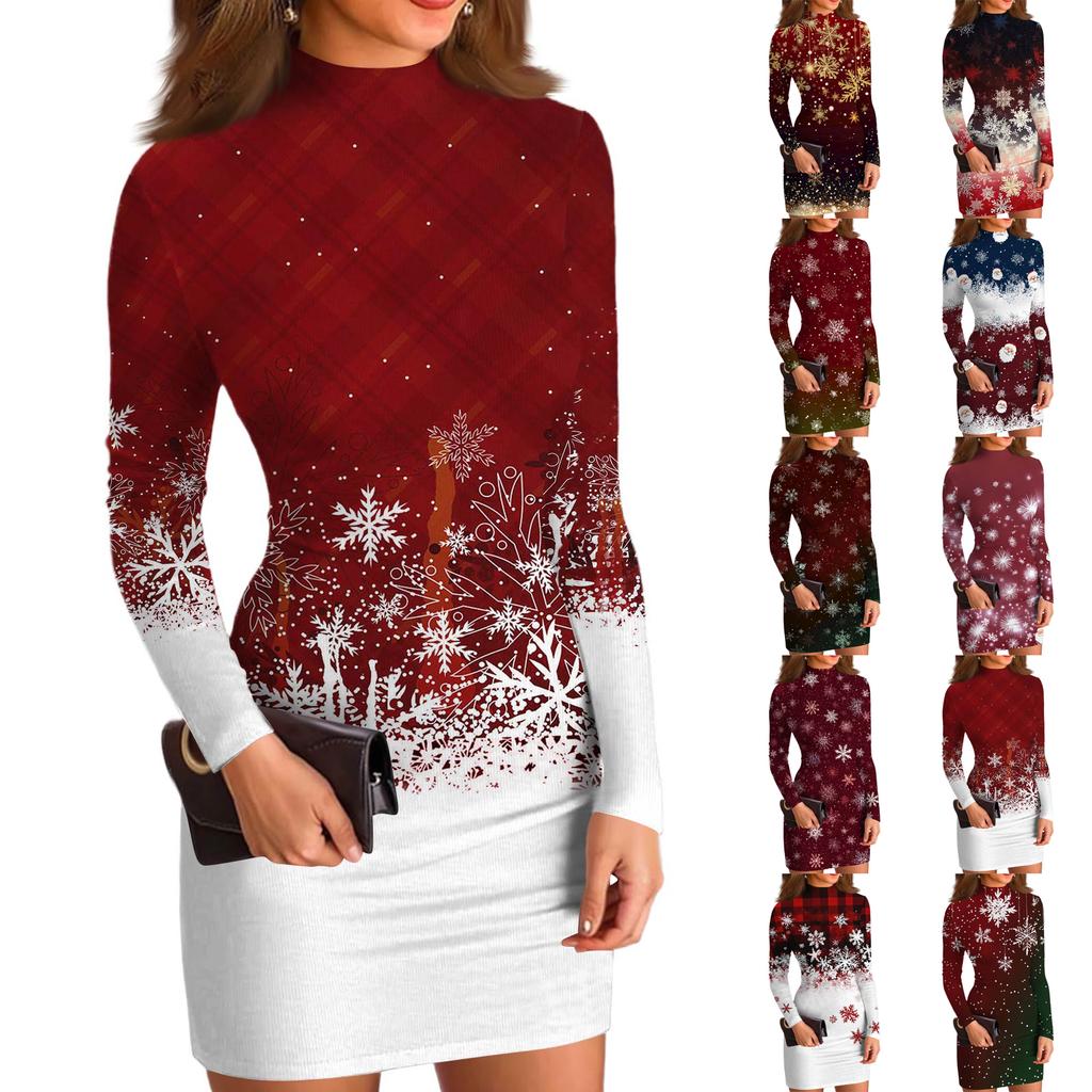 Women's High-Neck Casual Long-Sleeved Printed Slim-Fit Dress