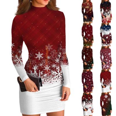 Dámské ležérní šaty s vysokým krkem, dlouhým rukávem, potiskem a slim-fit střihem