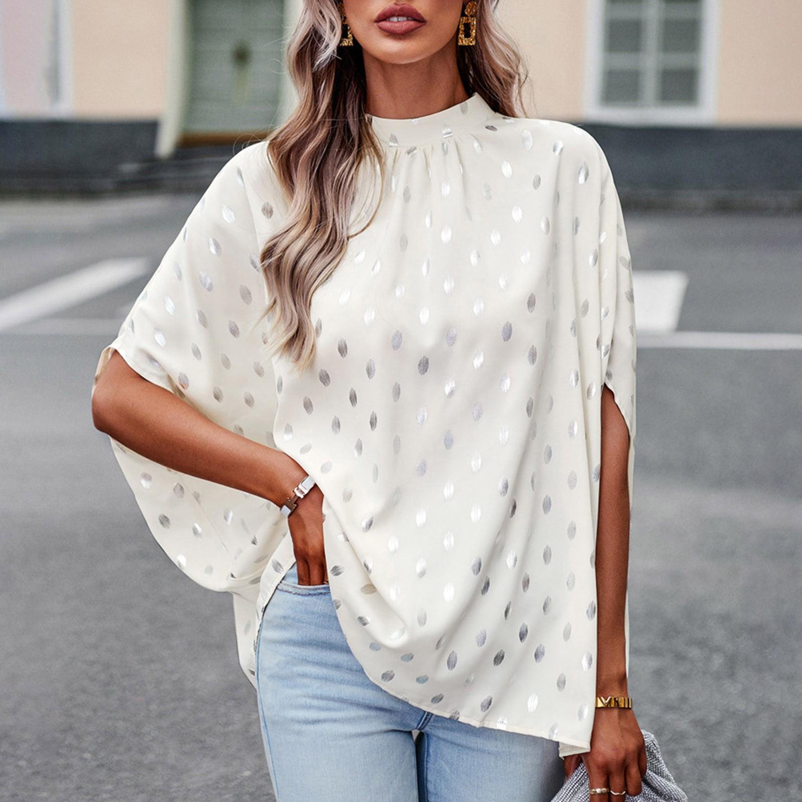 

Женский свободный топ с рукавами в горошек, повседневный пуловер со стоячим воротником, плиссированная рубашка M белый