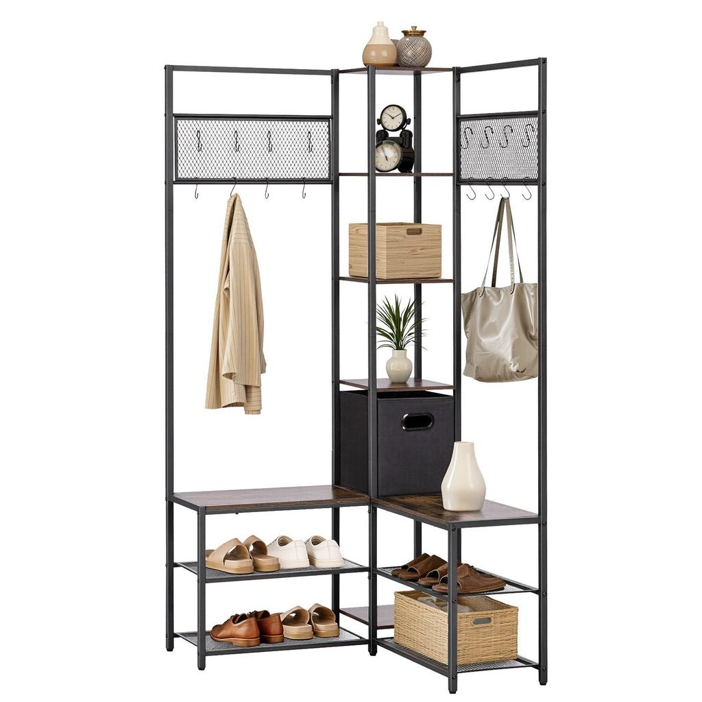 Corner Hall Tree with Shoe Bench, 1800 mm Coat Rack with Hooks and Steel Frame, Freestanding Clothes Shoes Rack Storage Organizer with Anti-Tip Set,