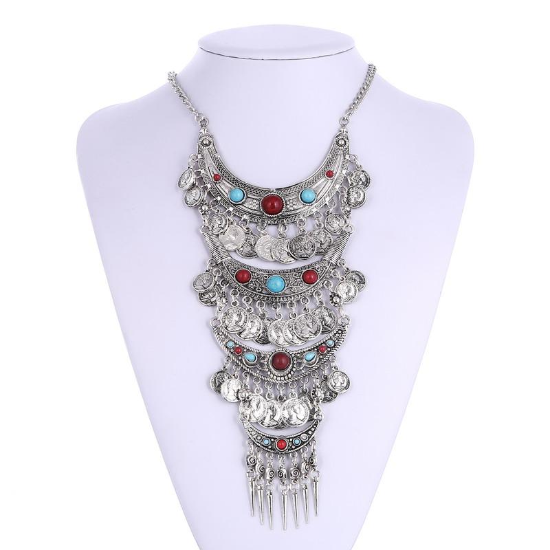 

Fashion Colorful Boho Vintage Collares Maxi Statement Necklace Collier Femme Long Bohemian Coin Tassel Mutli-Layer Necklace