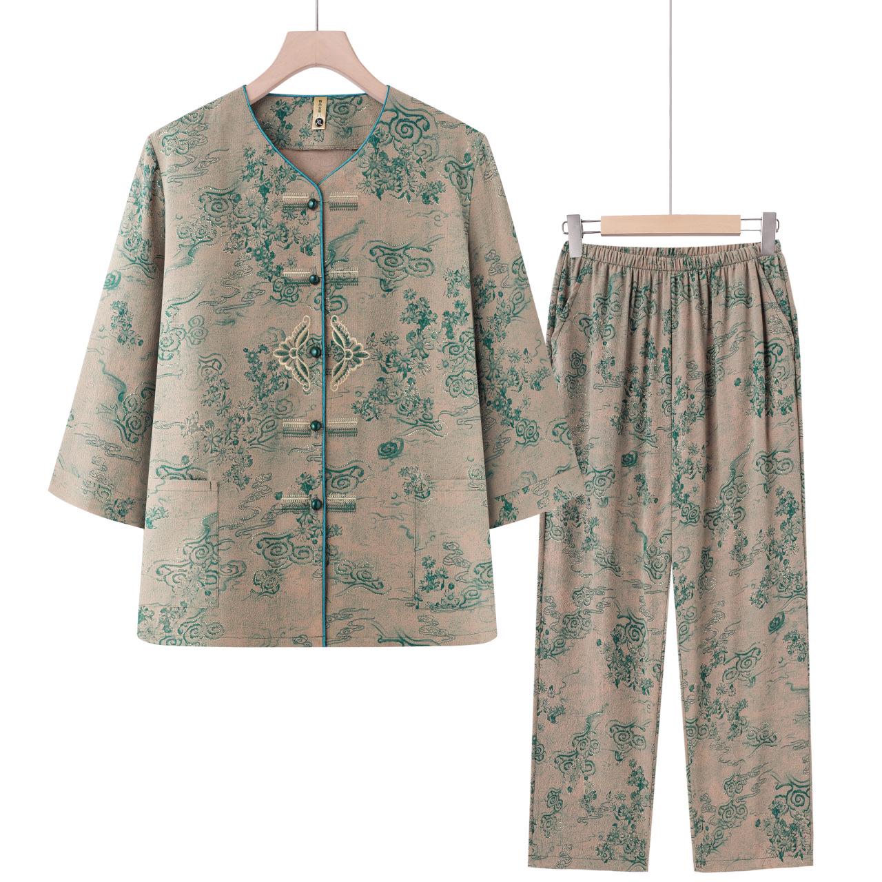 

Women s Spring & Autumn Tang Suit Set: Middle-Aged & Elderly Cardigan, Loose Casual Home Wear, Red Zodiac Year Design 3XL (125-135 jin) зелёный