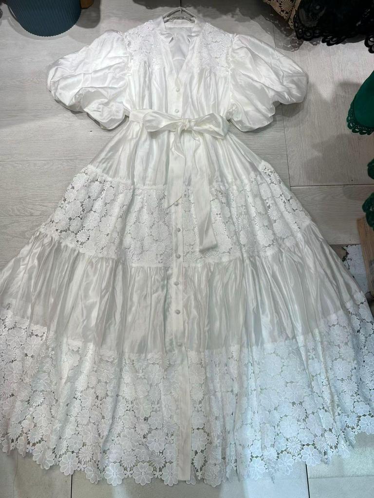 Elegant 2026 French Lace Crochet Patchwork Waist-Cinching Tie Court Style Dress
