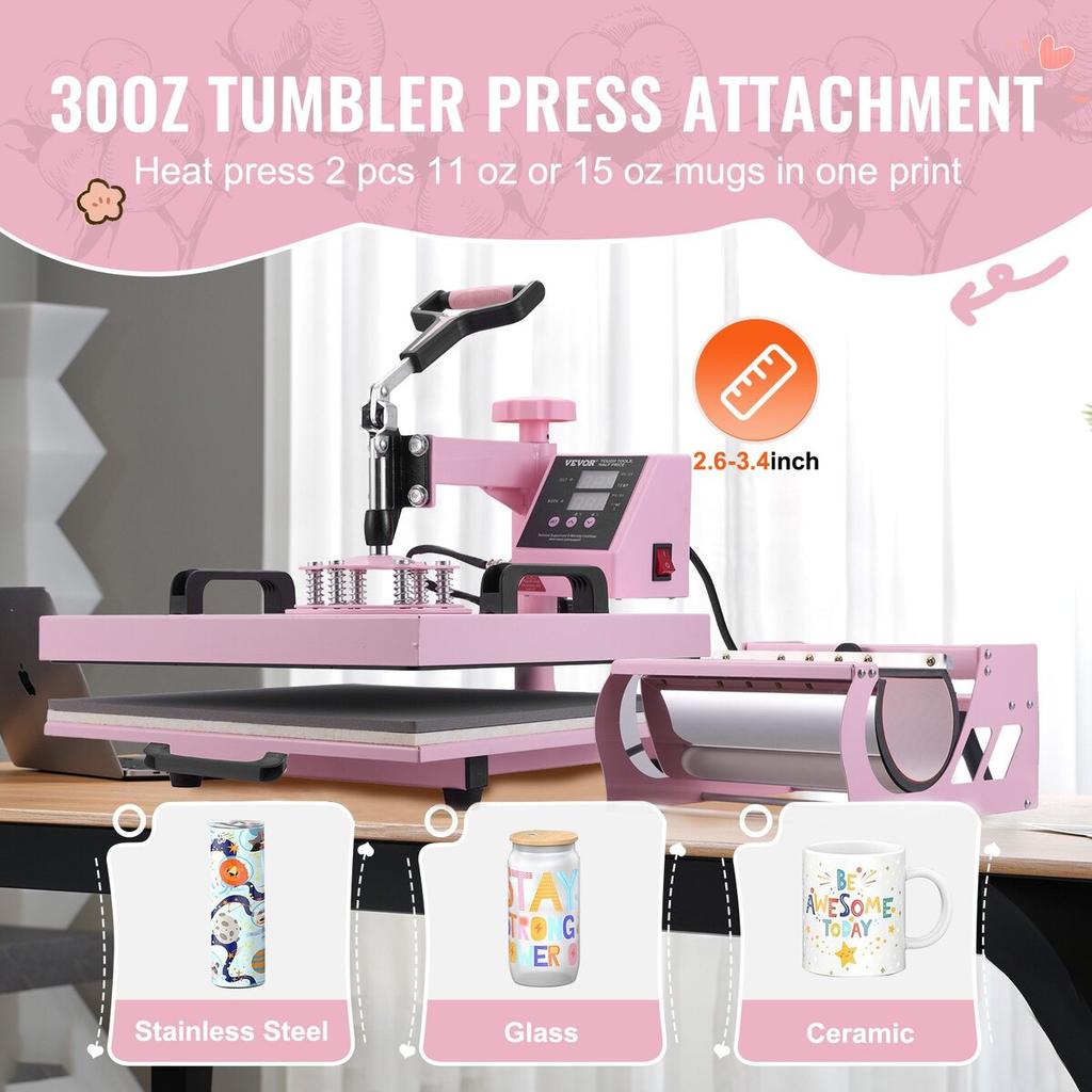 Heat Press Machine 15x15 In 8 In 1 with 30oz Tumbler Press T-Shirts Pink