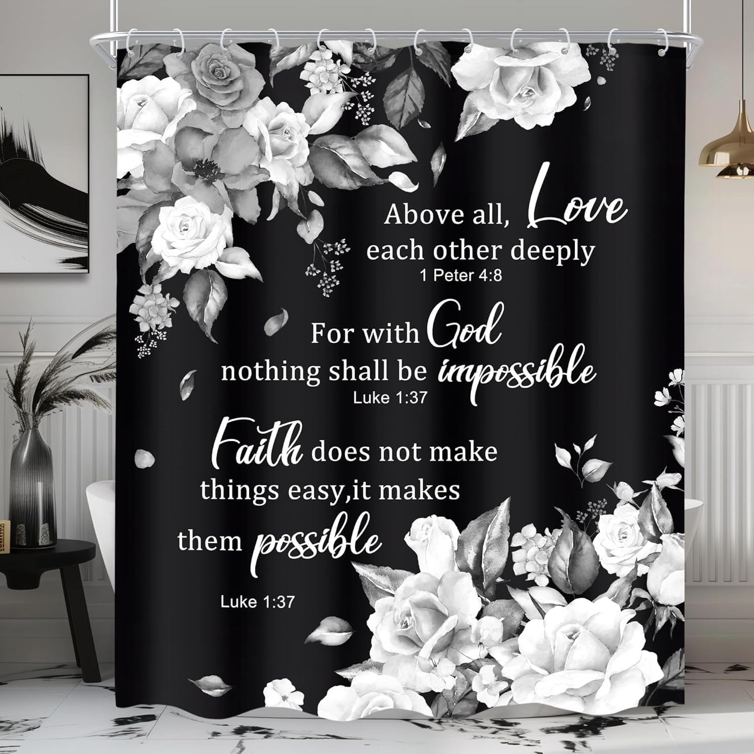 

Black And White Floral Shower Curtain With Bible Verses Love Faith God Water Resistant Fabric Inspirational Home Decor Religious W60H190(CM)-1 Pcs
