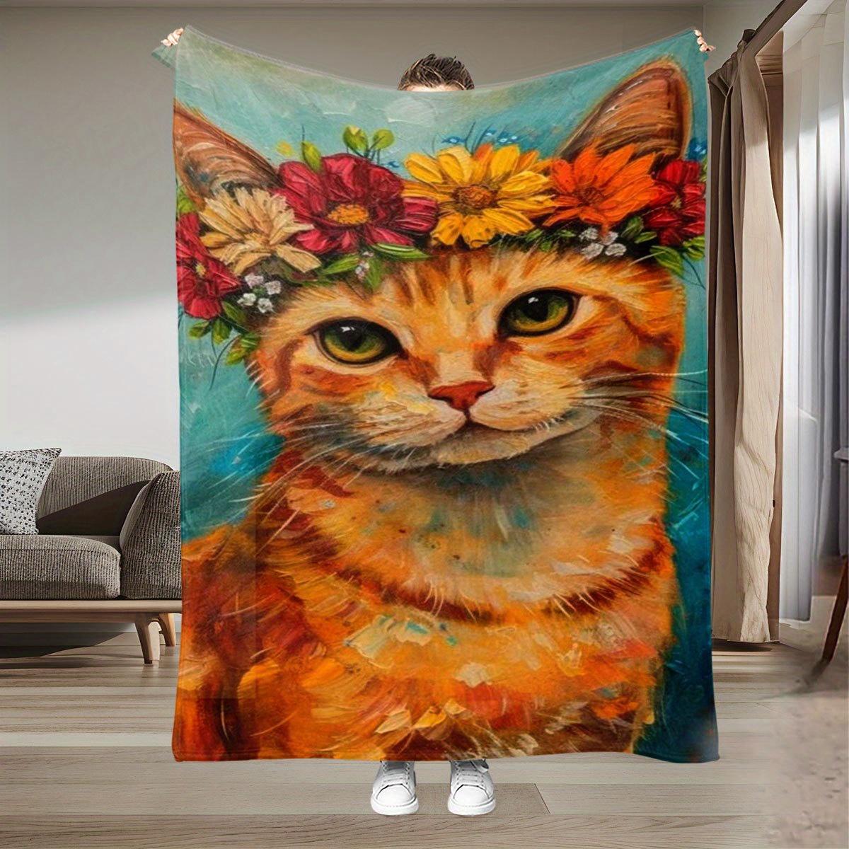 

Cat s Flower Crown Oil Painting Pattern Flannel printed blanket suitable for all seasons for living room office sofa and travel 75x90cm