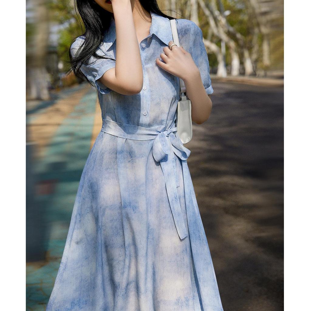 Luxury Tie-Dye Blue Mulberry Silk Dress - Women's Summer 2025 Collection