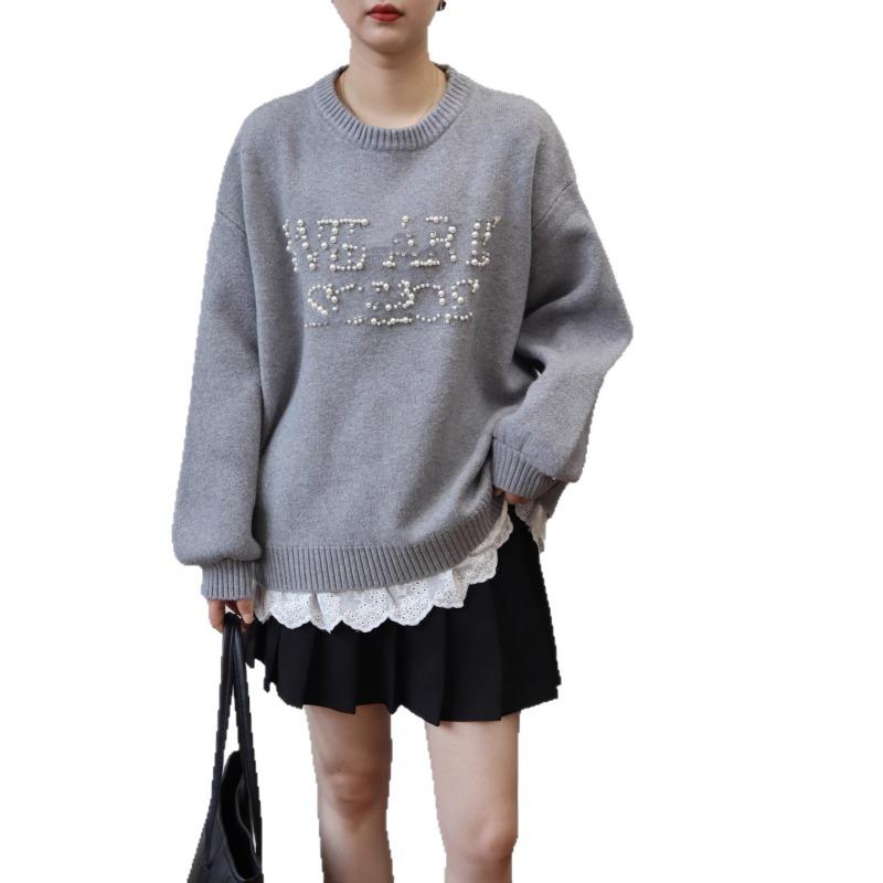 Bead Letter Splicing Fake Two-piece Knitted Sweater Top Autumn and Winter New Loose Casual Sweater Pullover Women