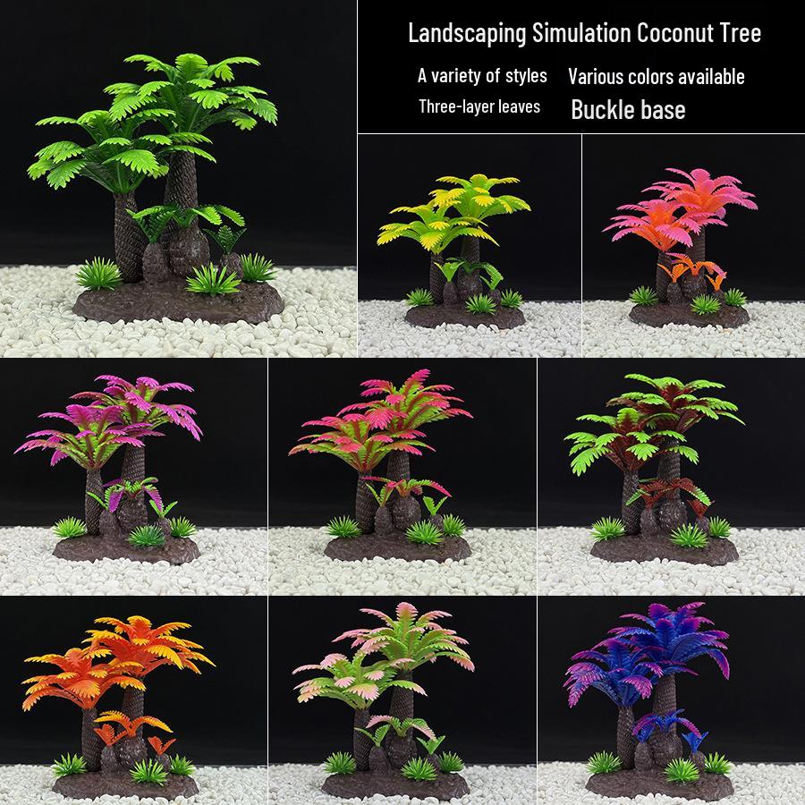 Aquarium Decor: Plastic Simulated Aquatic Plants & Coconut Tree Ornaments