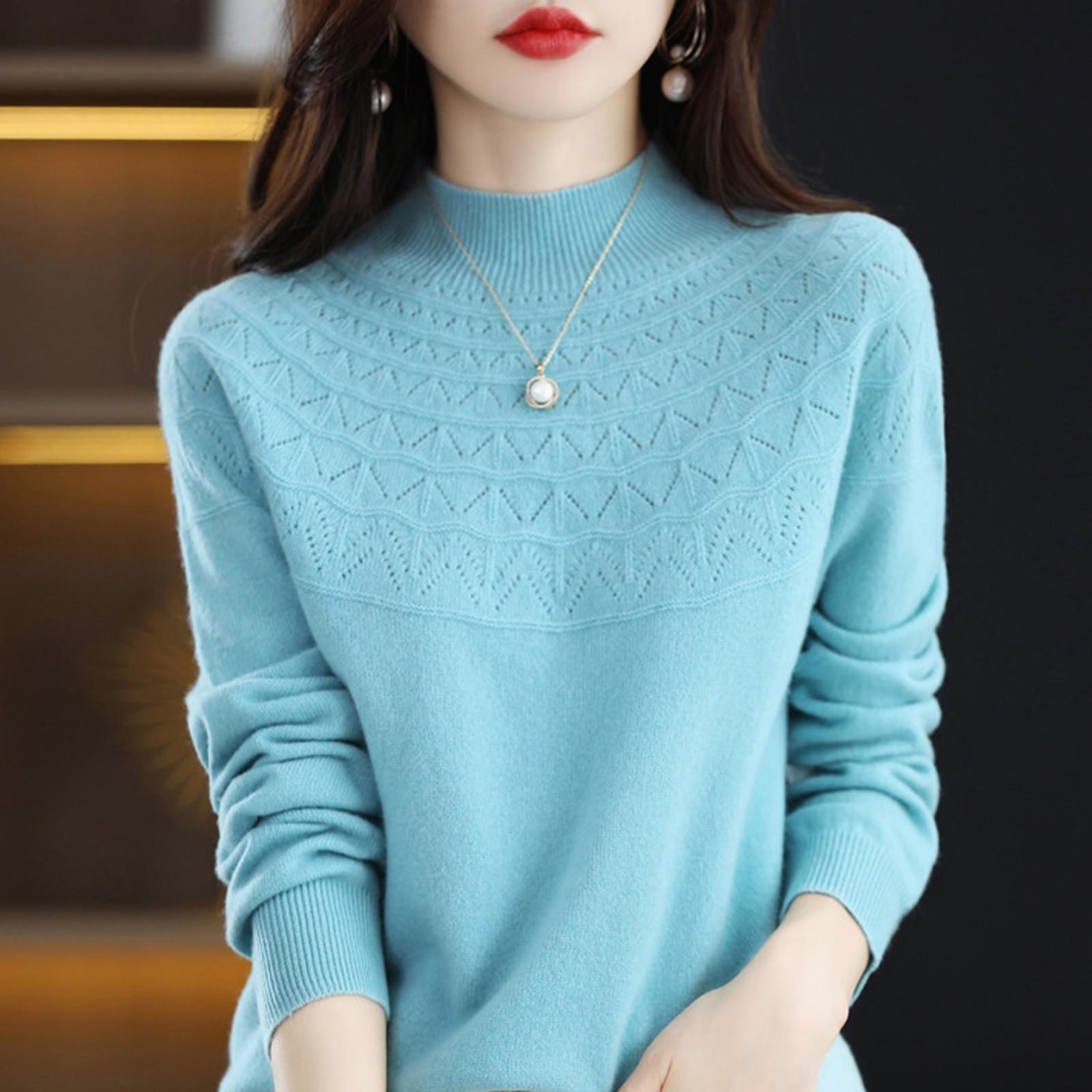 

Женский вязаный свитер с длинными рукавами, свободный тонкий топ с половиной высокого воротника XL небесно-голубой