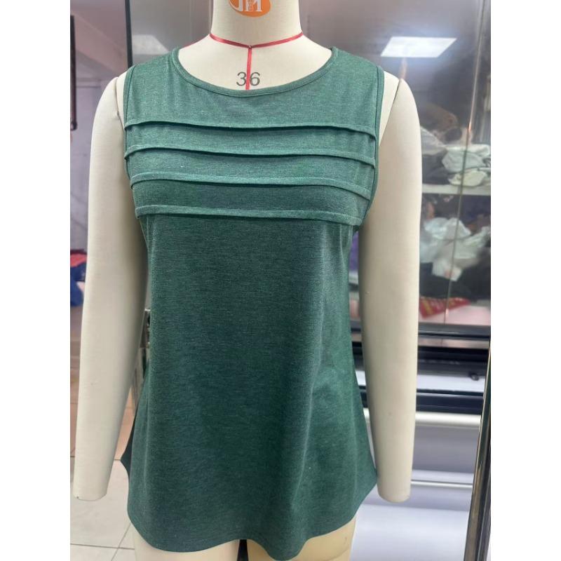 Spring and Summer Solid Color U-neck Pleated Vest T-shirt for Women