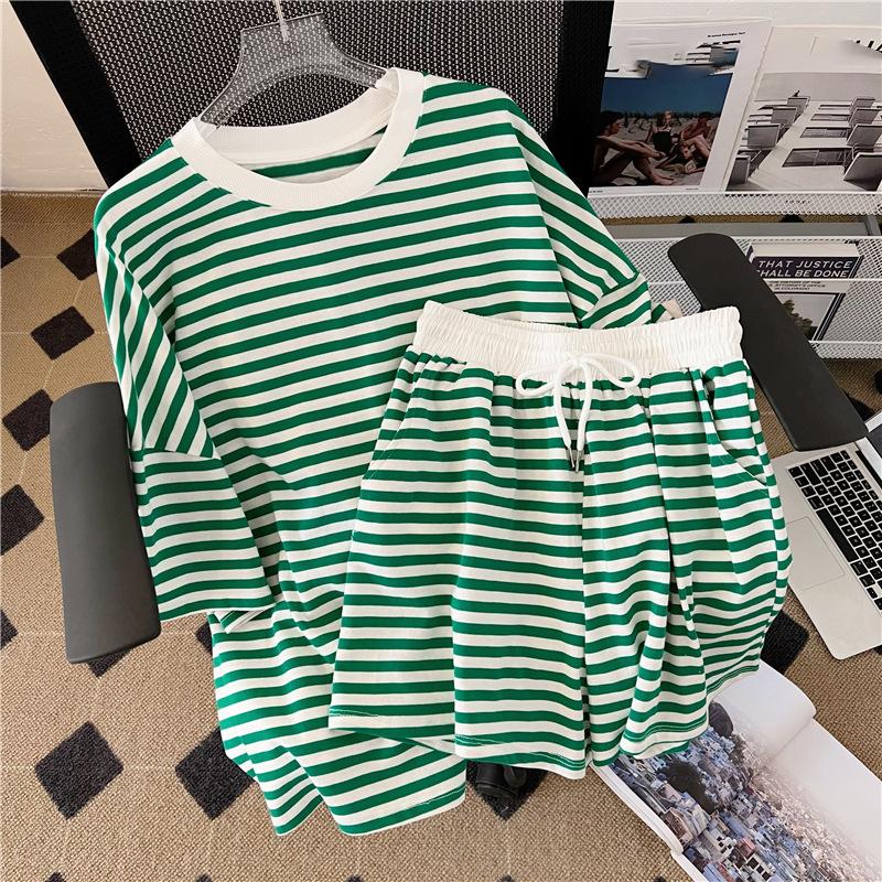 Women Two Pieces Set Loose Striped Top Elastic Waist Wide Leg Shorts Sport Sets Summer S зелёный