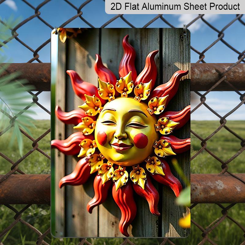 2D Flat, 1pc Trebalena Vintage Sun Face Aluminum Metal Wall Art - Rustic Outdoor/ Sign with Red & Golden Accent, Embossed Sun Suitable for Porch