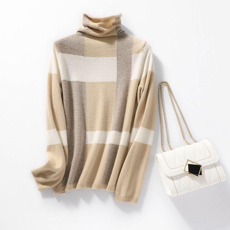 

100 Pure Wool Sweater Women s 23 Autumn and Winter Liberal Collar Cashmere Sweater Color Matching Sweater Pile Collar Bottoming Shirt CAMEL S