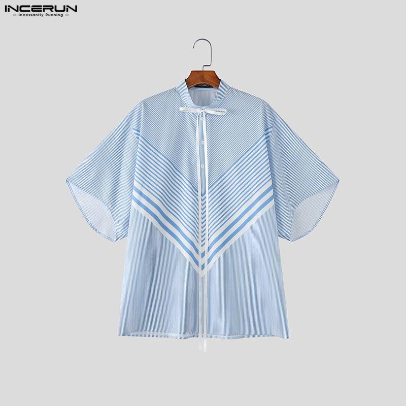 INCERUN 2 Stück Sommer Herren Kurzarm Gestreifte Nähte Hemden und Lange Hosen Übergroße Outfits Sets