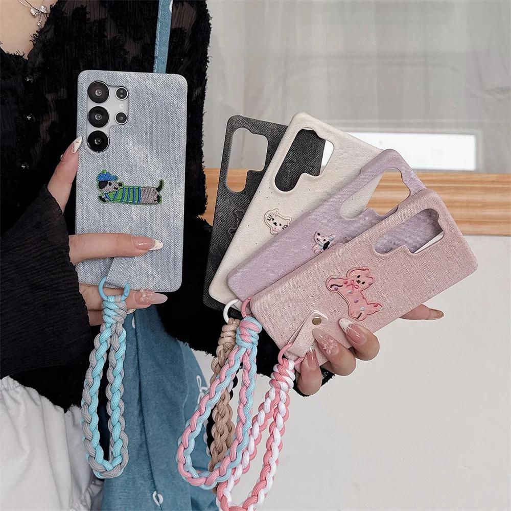 Wrist Strap Weave Cartoon Shockproof Phone Case for Samsung S25 S24 S23 Ultra Galaxy S25 S24 S23 Cowboy Leather Protective Cover
