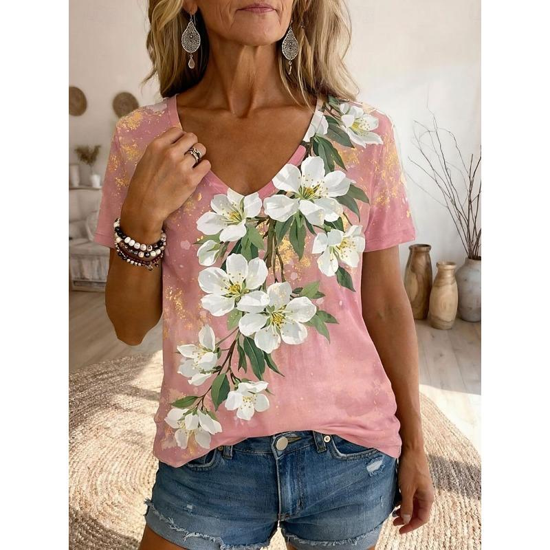 

Women s Bohemian Floral Plant Print T-Shirt, Vintage V-Neck Short Sleeve Long Tops, Blue Pink Purple Green Khaki, Spring Summer S