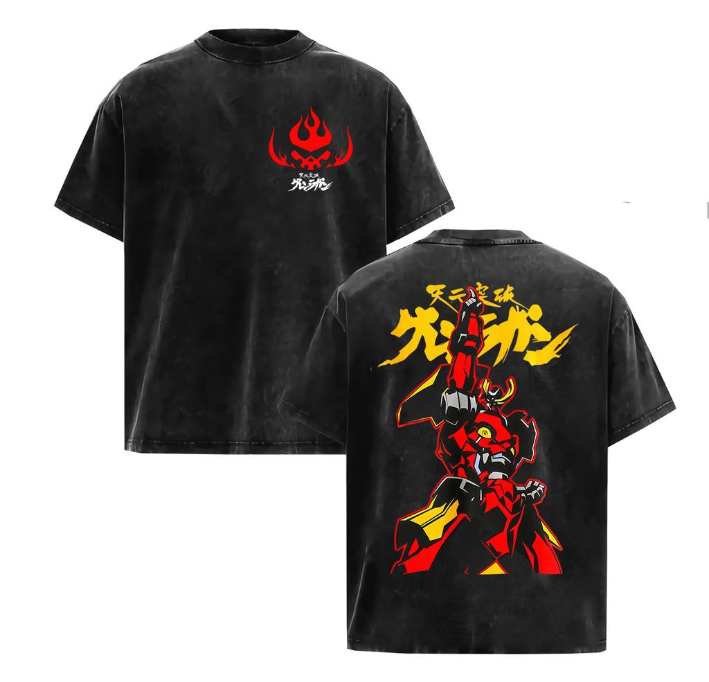 Vintage Washed Anime Tengen Toppa Gurren Lagann Graphic T Shirt Unisexs Oversized Harajuku Fashion Short Sleeve Tshirt Streetwear