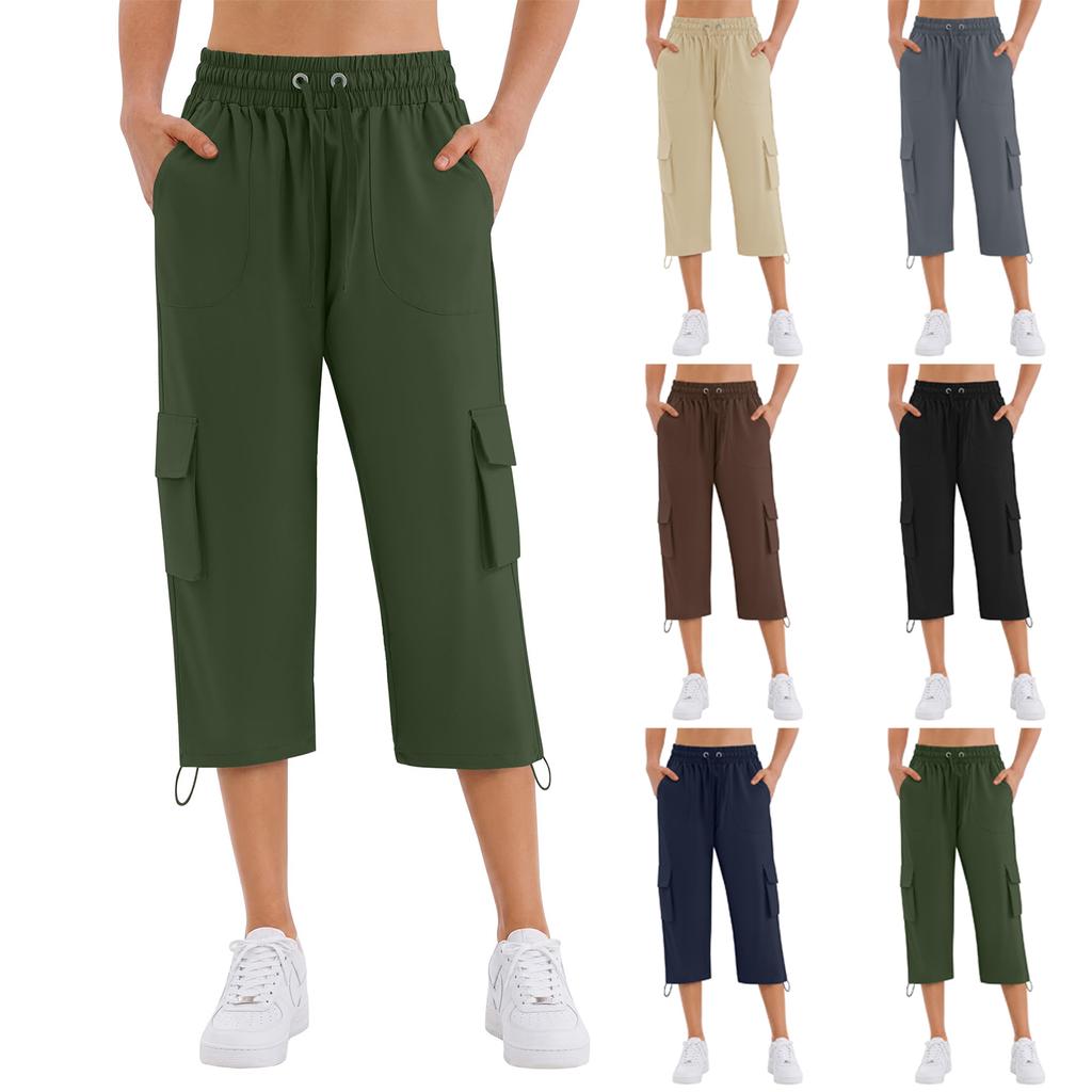 Women Casual Solid Color Loose Fit Sport Cargo Capri Pants with Elastic Waist and Adjustable Drawstring for Outdoor Activities