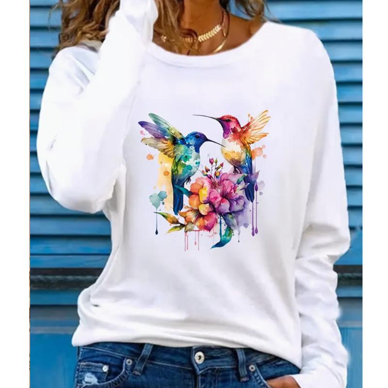 

2025 Autumn & Winter Women s New Casual Crew Neck Long Sleeve Top 3D Bird Pattern 8XL белый