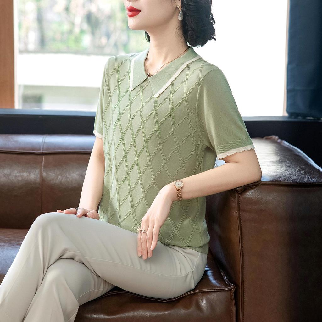 Mother's Day Elegant Knitted Loose Lapel T-shirt - Summer Style for Middle-Aged and Elderly Women