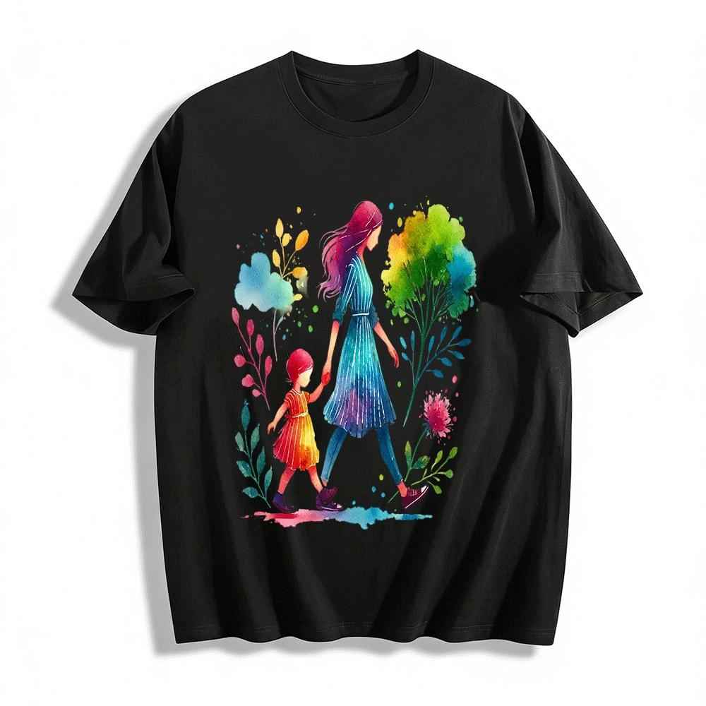 

Watercolor Mother Daughter Walking Print Casual Top Pure cotton T-shirt 6XL