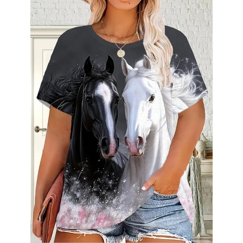 T-shirt Women Wolf Print Tees O Neck Loose Short Sleeve Blouse Female Fashion Animal Graphic Tops Harajuku Streetwear