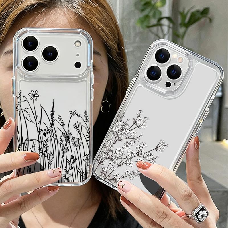 Shockproof Clear TPU Case For iPhone 17 16 Pro 15 14 13 12 Pro Max 11 Transparent Soft Silicone Black Floral Printed Phone Cover