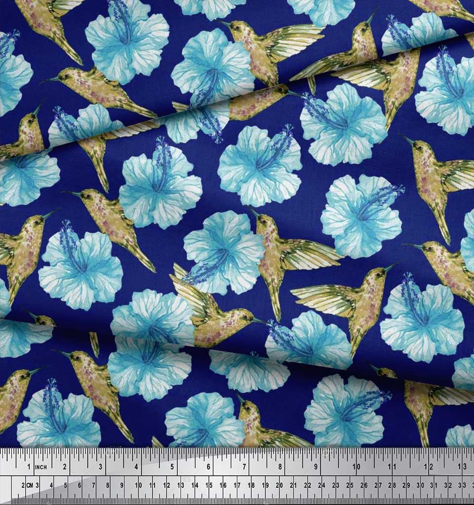 Soimoi Černá poly krepová látka s potiskem kolibříků a květin, látka na metr, 42 palců