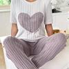 Women's Autumn Sweet Love Pajama Set: Round Neck, Short Sleeve & Trousers - Comfy 2-Piece Homewear