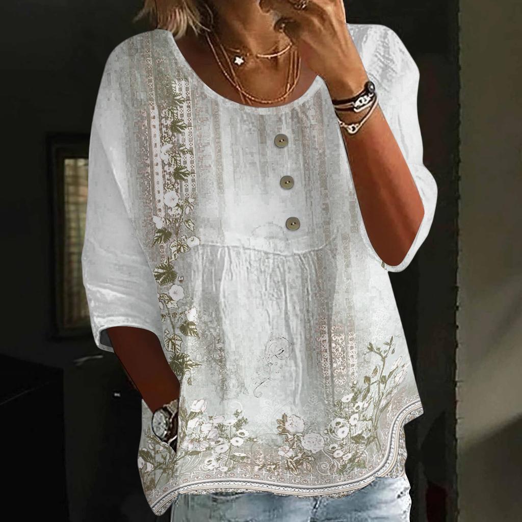 Women's Casual Fashion Three-quarter Sleeve Loose Round Neck Button Retro Print Top