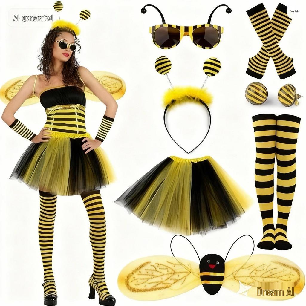 Zestaw Kostiumów Cosplay na Halloween 2026 Pszczoła ze Skrzydłami, Peleryną, Opaską na Głowę i Okularami dla Dorosłych i Dzieci