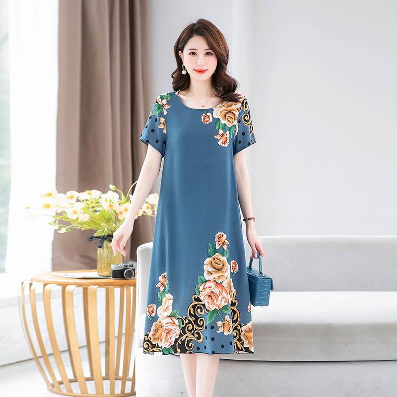 Dle Aged Mother Wearing Cotton Silk Dress Summer Dress for Long Vintage Loose Women Elegant Short Sleeve Casual O-neck Dresses Print Woman Clothing
