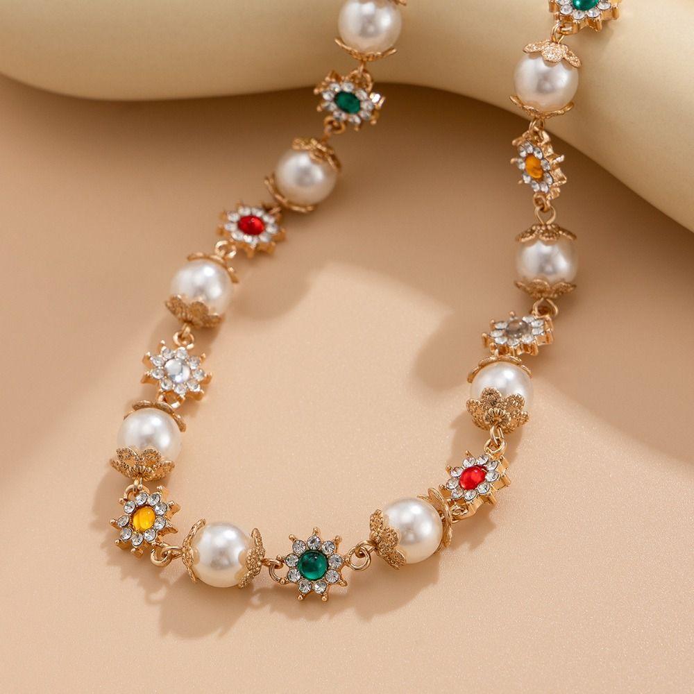 Neck Jewelry Colorful Rhinestone Choker Beads String Imitation Pearl Clavicle Chain Party