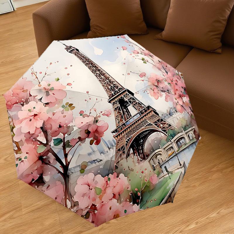 1PC Eiffel Tower, Cherry Blossoms Umbrella-8-Rib Reinforced, Automatic Open, Lightweight & Durable, Cute Fashion Accessory for Outdoor, Beach, or Casu