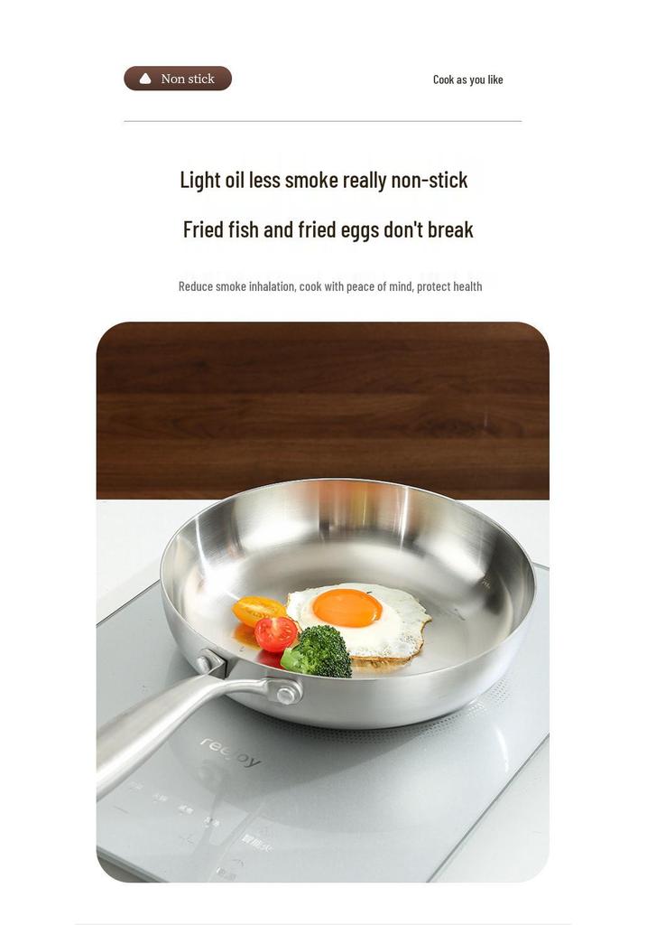 304 Stainless Steel Non-Stick Wok Frying Pan for Pan-Frying Steak, Three-Layer Steel
