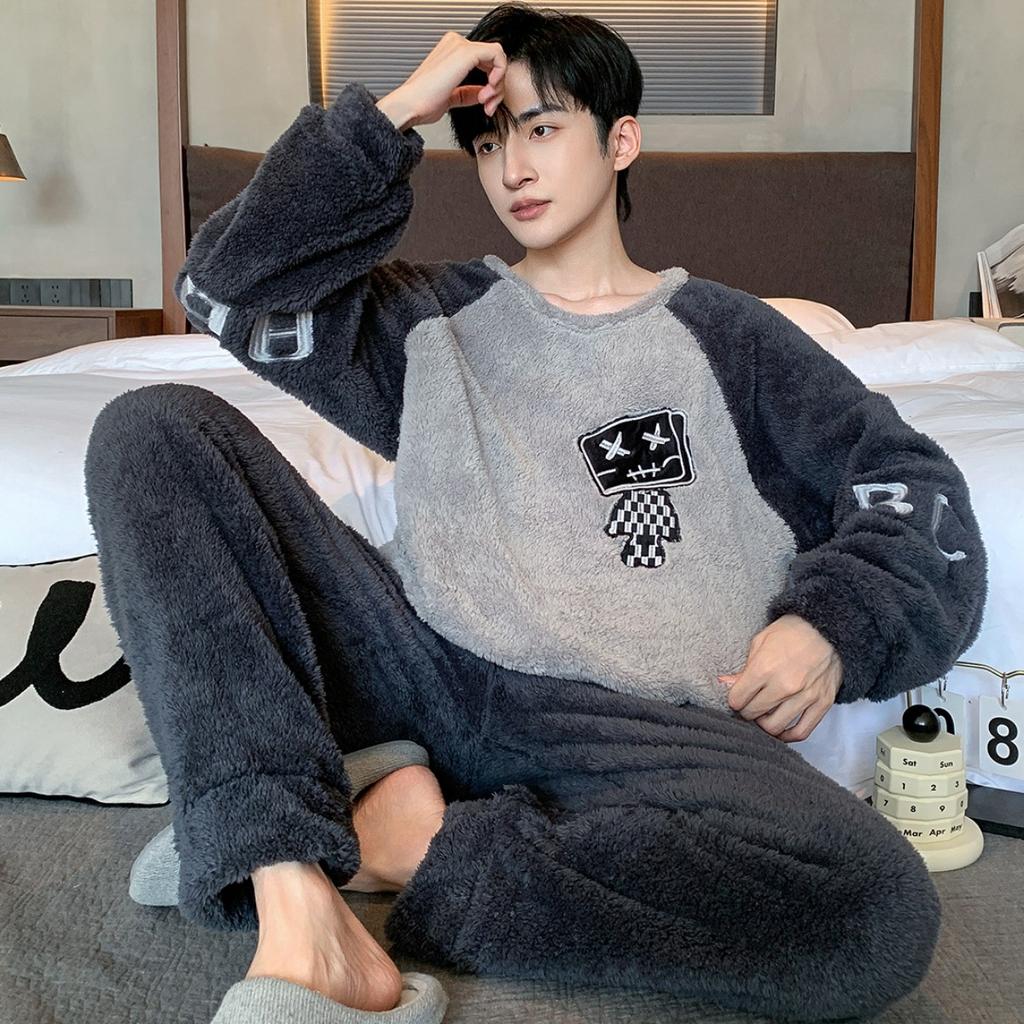 Winter, Coral Fleece, Pajamas, Men's Clothing, Thickened Fleece, Round Neck, Long Sleeved Pants, Suits, Home Clothes