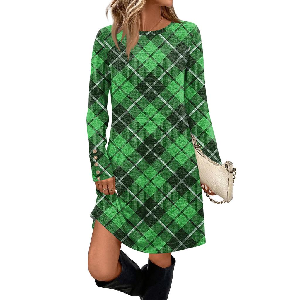 Rochie Casual de Damă la Modă cu Buzunare, Nasturi Decorativi, Gât Rotund și Mâneci Lungi