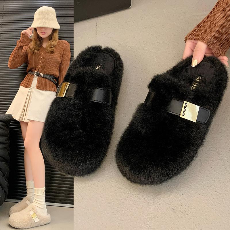 One-foot Thick-soled Height-increasing Fluffy Slippers for Women's Outer Wear 2025 New Autumn and Winter High-end Plush Cotton Slippers