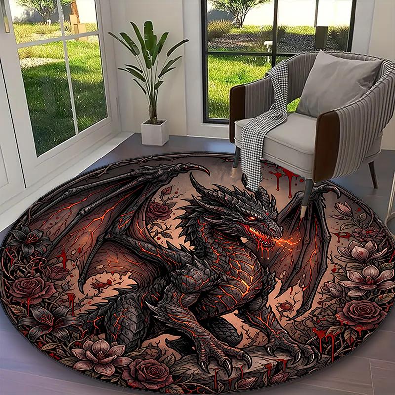 Ancient Green Dragon Rug Ideal for Reading Room, Multi-purpose Office Chair Sofa Carpet, Anti-slip Printed Home Round Rug
