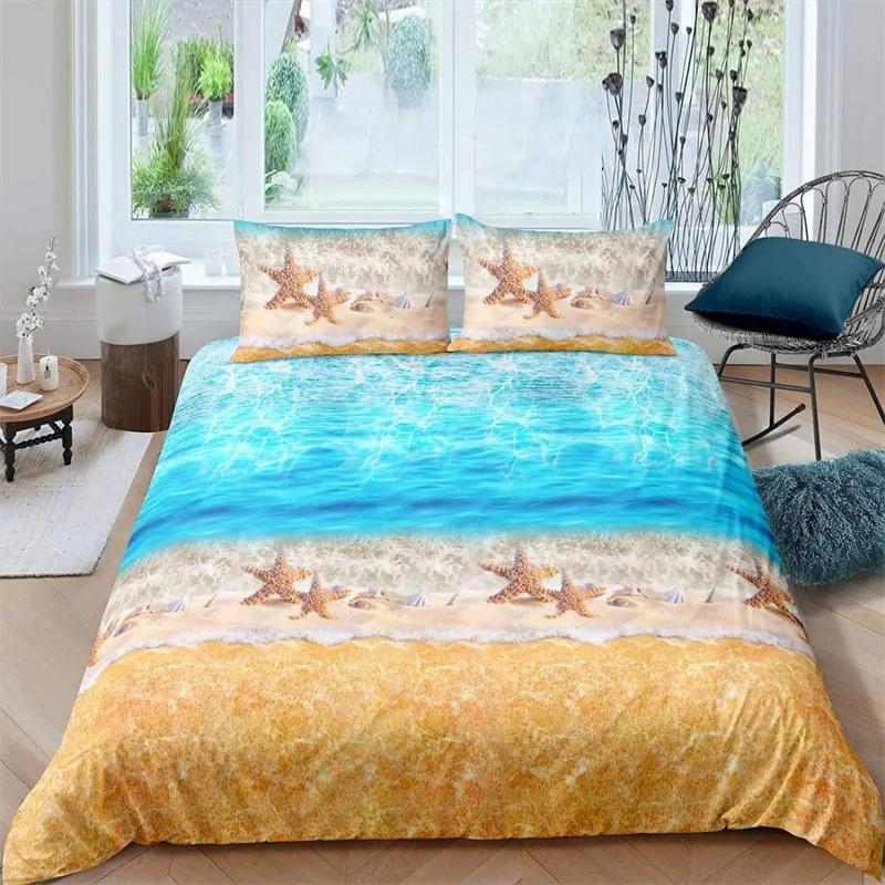 Beach Sea Wave Ocean Duvet Cover Sunset Hawaiian Palm Tree Wave Comforter Cover Tropical Island and Sea Beach Nature Theme Decor