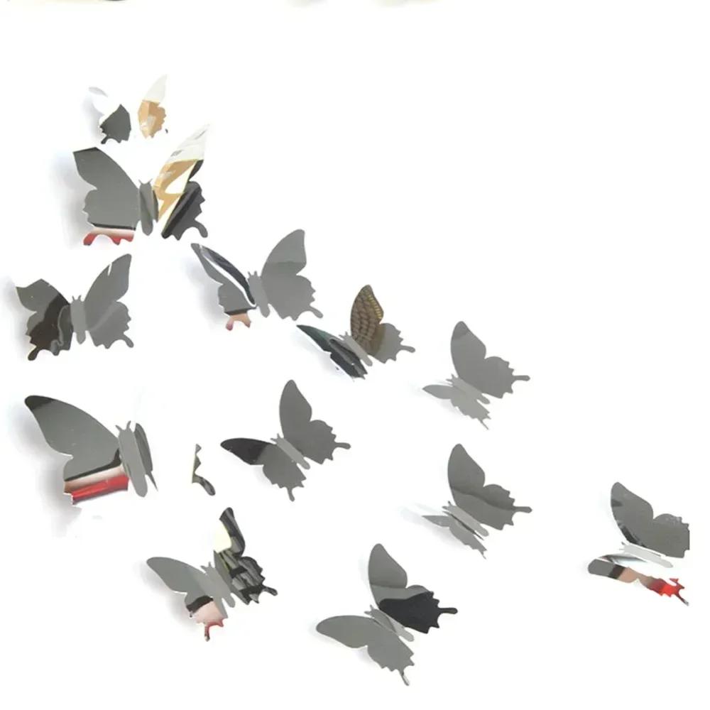 3D12pcs Butterfly Mirror Wall Sticker Self-adhesive Decal DIY Art Party Wedding Decoration Kids Room Home Decor Crystal Sticker