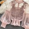 Women Party Shirt Flower Applique See-through Mesh Lantern Sleeve Thin Lace Shirring Elastic Cuff Round