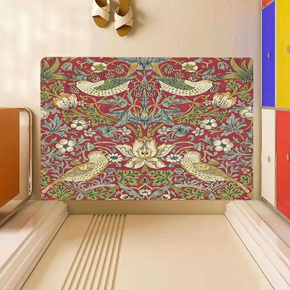 W-William Morris Strawberry Thief Floor Mat Suitable For Living Room Kitchen Bathroom Non-slip Mat Household Foot Mat