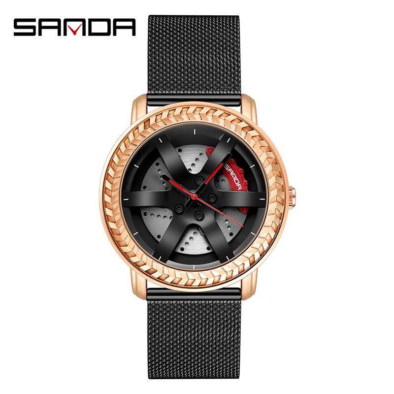 Sanda Men's Fashion Quartz Watch, Mesh Strap, Waterproof, Outdoor Casual, Hollow Wheel Dial.