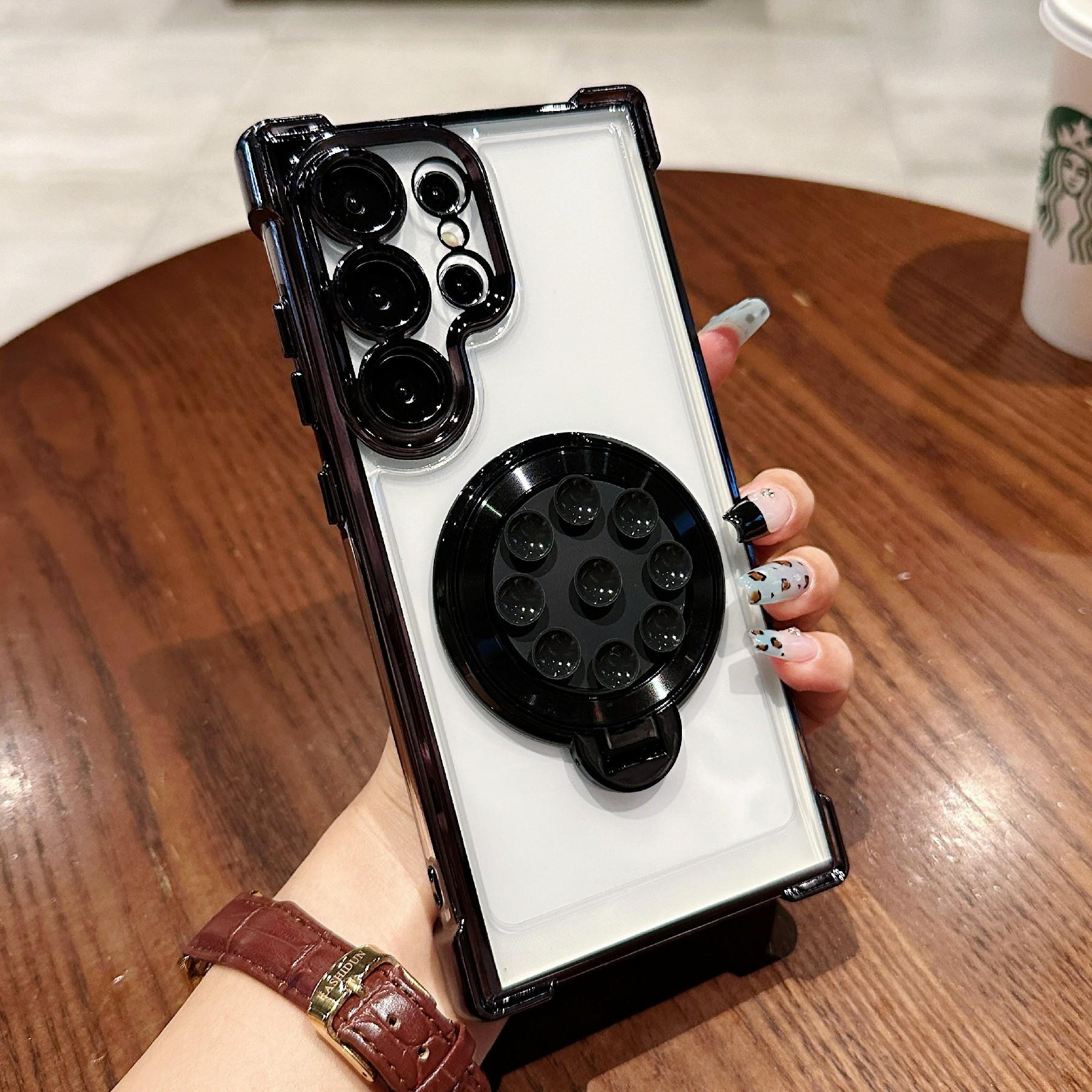 

For Samsung Galaxy S24 Ultra Magnetic Case Suction Cup Kickstand PC Phone Cover with Four Corner Airbag Black