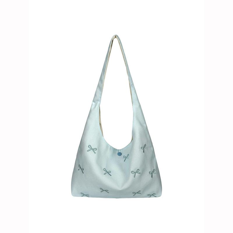 Korean Ins Bow Embroidered Canvas Bag Women's New Large-capacity Shoulder Tote Bag Student Class Armpit Bag