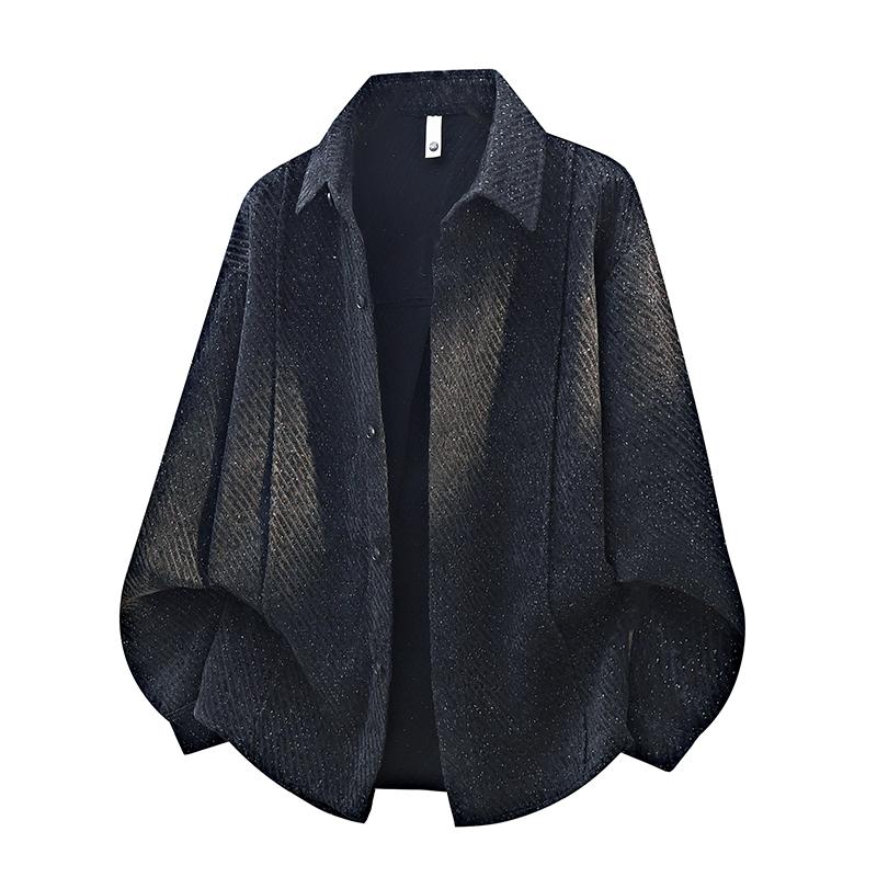 Мужская фактурная полосатая рубашка на пуговицах - Повседневный оверсайз топ с длинным рукавом M чёрный